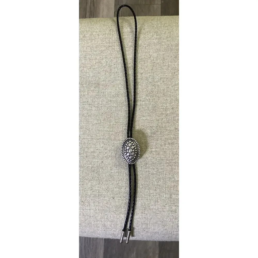 Vtg MCM Brutalist Silver Plate Bolo Tie Black Leather Western Modernist